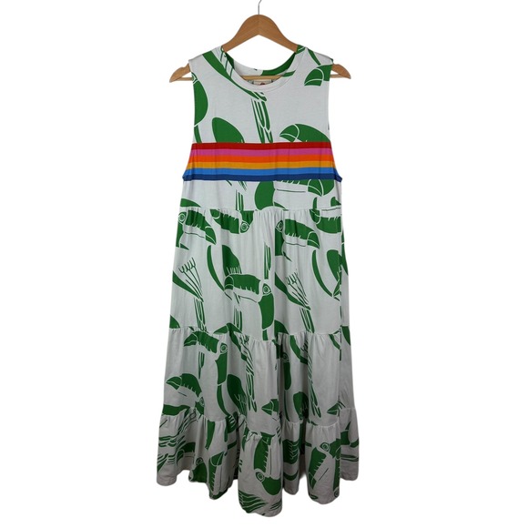 Farm Rio Rainbow Toucans Organic Cotton Maxi Dress Large Tiered Resort Colorful - Picture 2 of 12